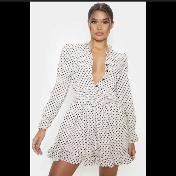 PrettyLittleThing Stone Polka Dot Shirred Waist Shirt Dress Size * - Picture 1 of 3